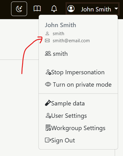User menu with username
