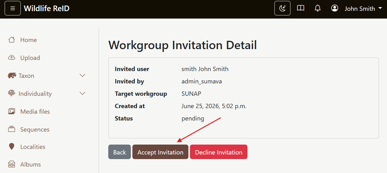 Invitation detail with accept button